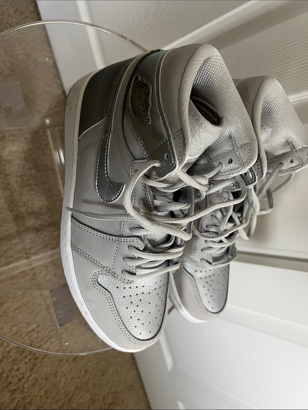 Nike Air Jordan 1 High Top Sneakers in Light Gray and Metallic Silver
